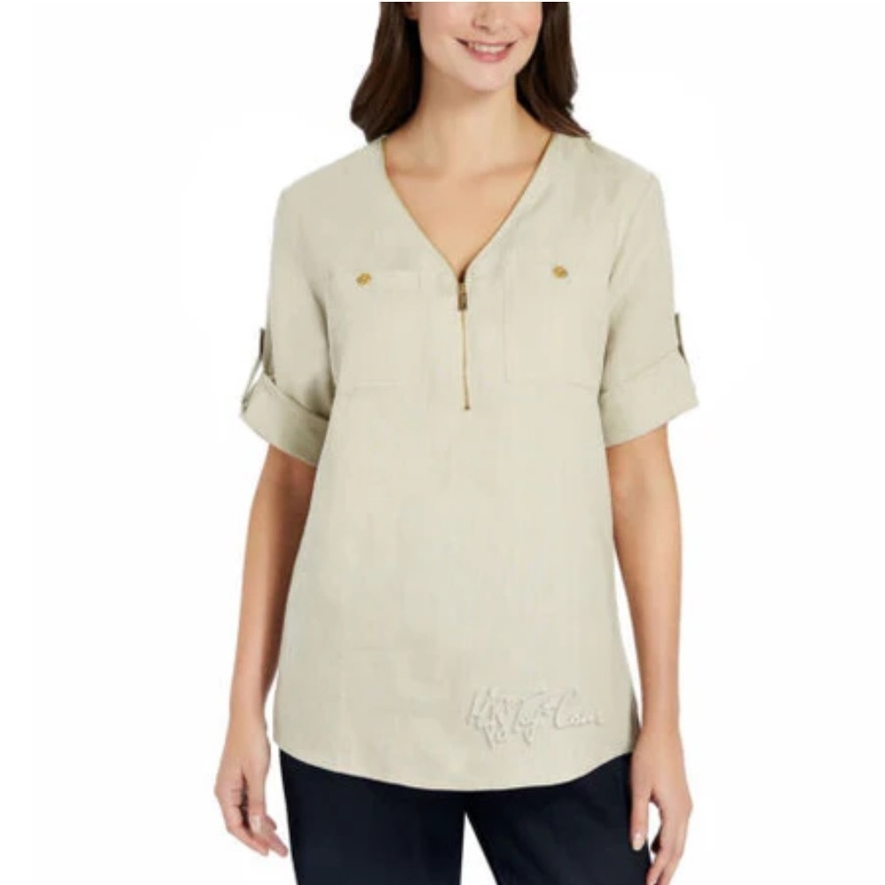 ELLEN TRACY WOMEN ROLL TAB SHORT SLEEVE LINEN TUNIC 1/4 ZIP Size M NWT